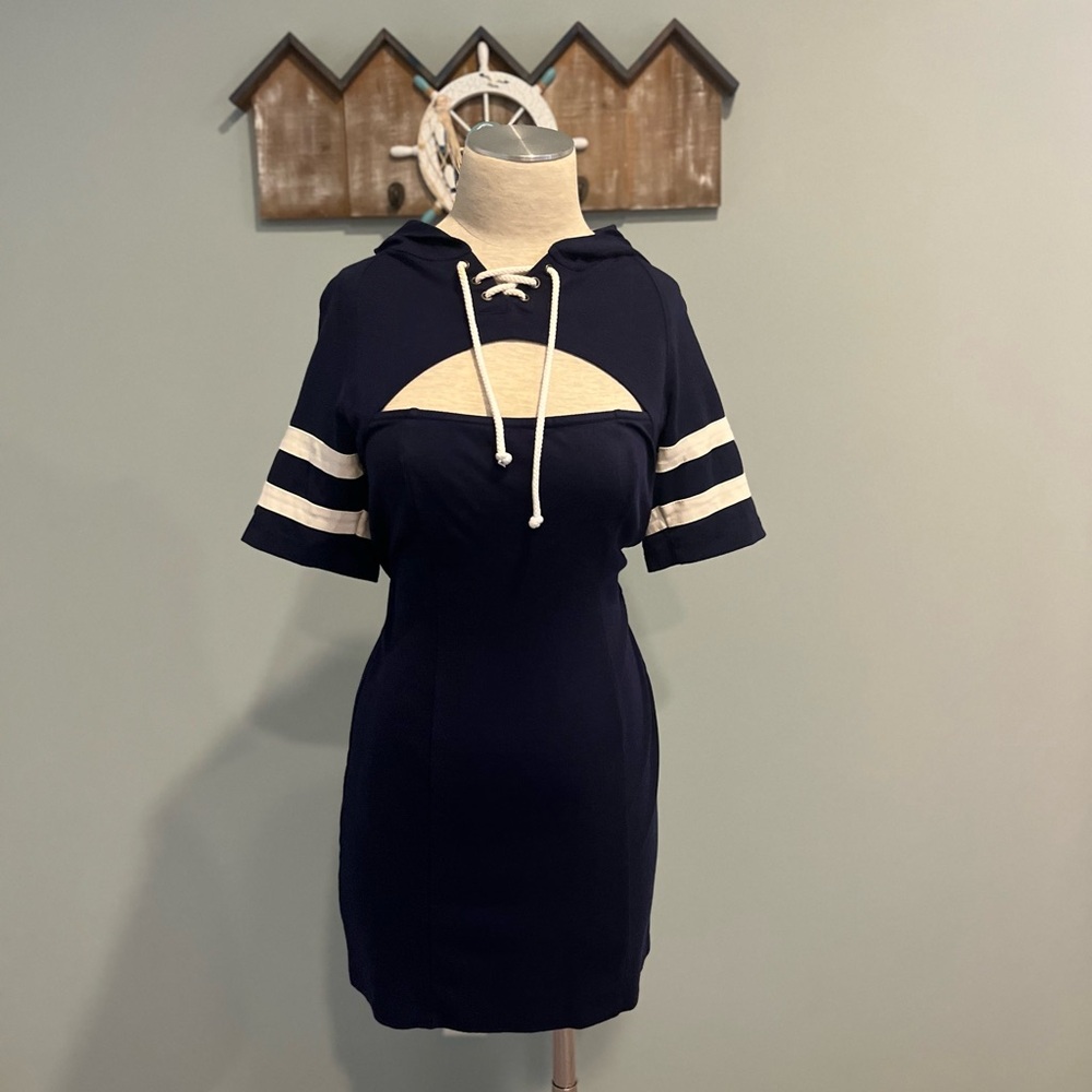 VENUS Blue Bodycon Mini Dress Mock Neck Short Sleeve